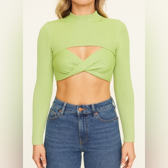 Aquamor Green Ribbed Long Sleeve Crop Top - Picture 1 of 6